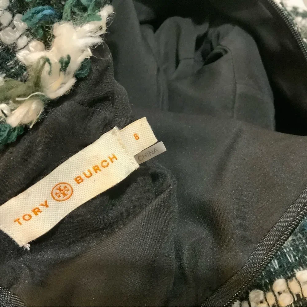 TORY BURCH Norfolk Green Black/Green Tweed Cap Sleeves A-line Sequin Dress $395